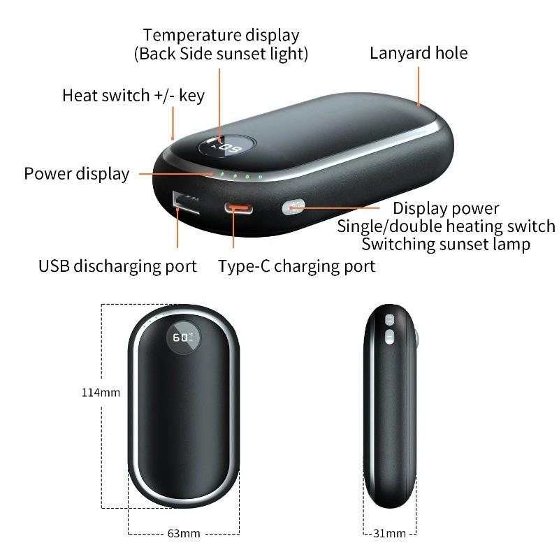 10000mAh USB Rechargeable Double Sides Heating Hand Warmer Portable Mobile Power Supply Large LED Display Heater