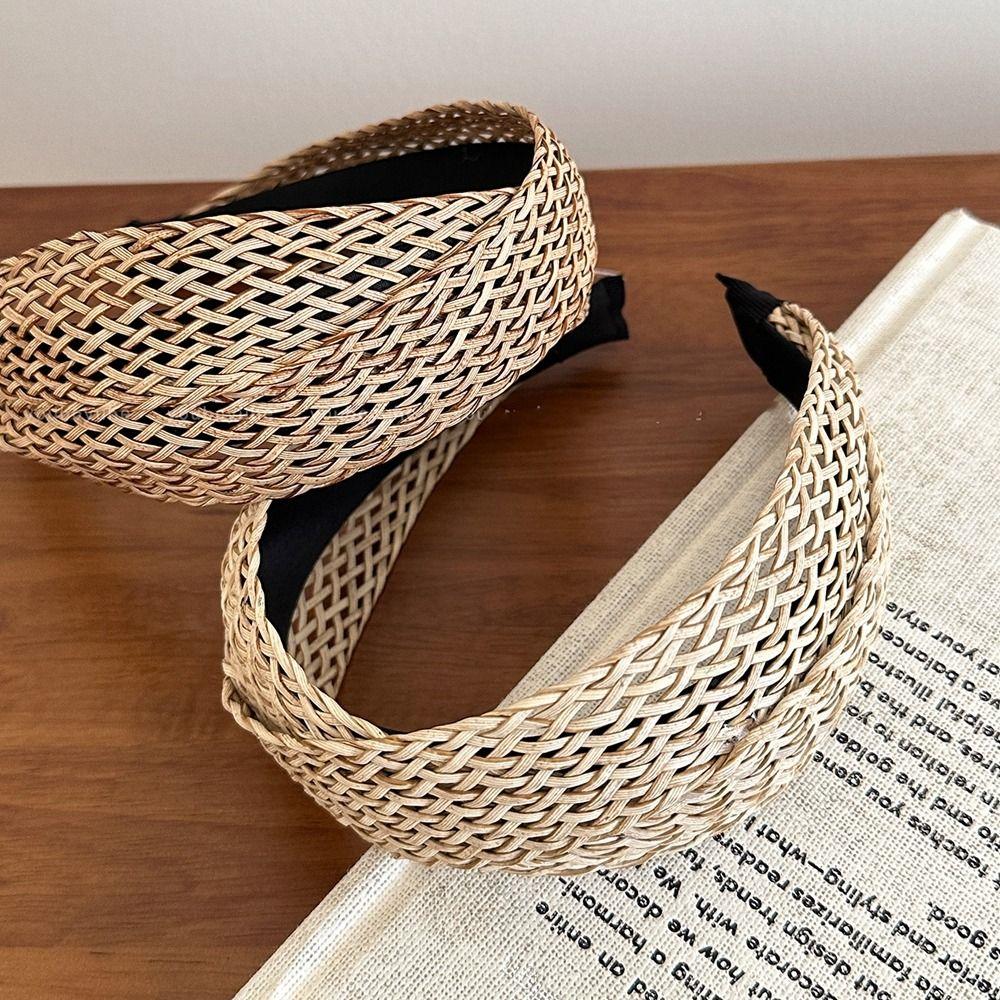 Hollow Straw Weave Headband Vacation Style Bohemian Style Hair Hoop Wide Edge Hairband Women
