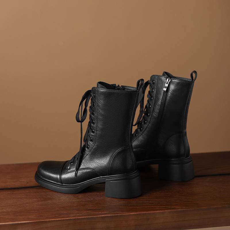 Krazing Pot Cow Skin Round Toe Thick Heels Motorcycle Boots Size 42 Lace Up Women Keep Warm Mid-calf Boots