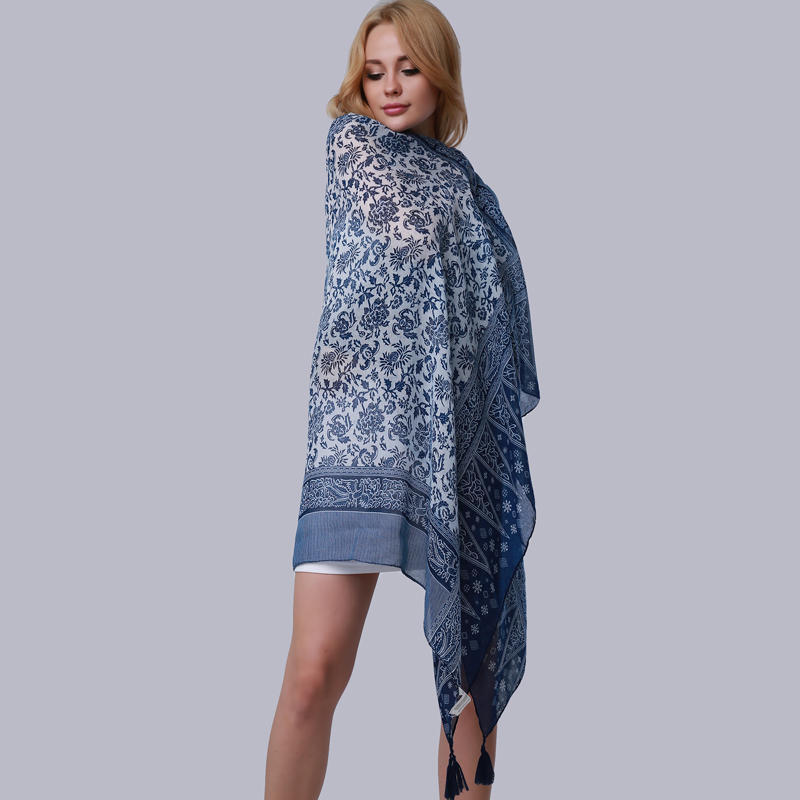 Pashmina Scarf Women Long Shawl Printed Sexy Beach Cover Up Female Navy Blue Printed Scarves