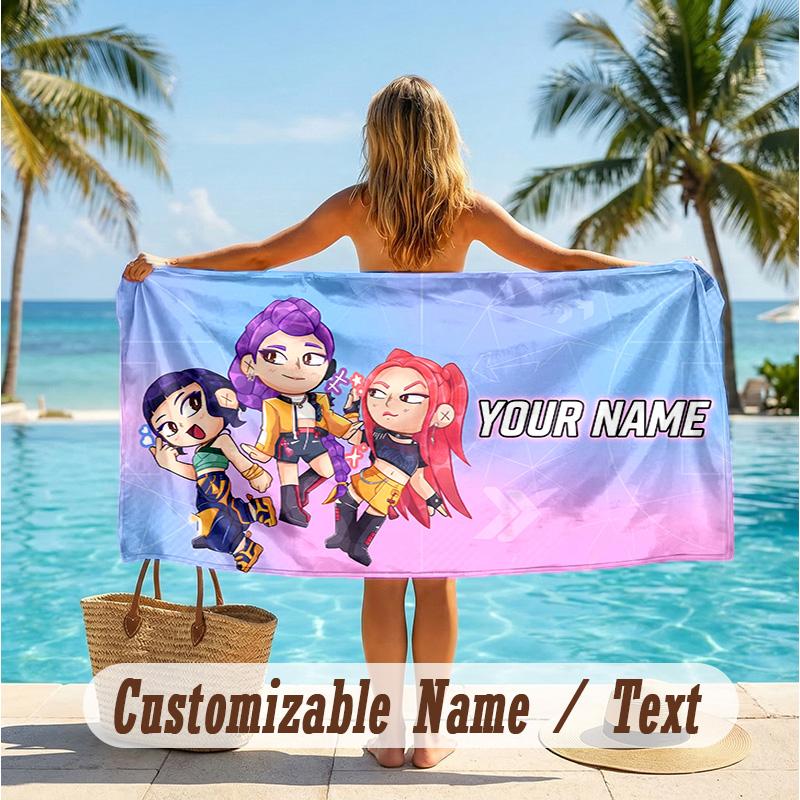 Custom Text Beach Towel, Soft Absorbent Swimming Multi-use TowelKpop Demon Hunters