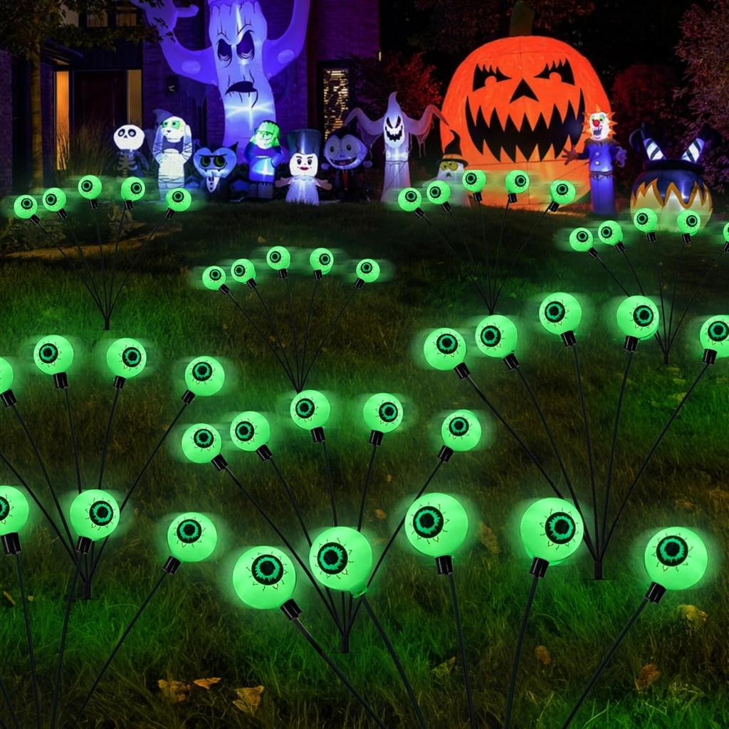 Dazzle Bright Halloween Decorations Outdoor, 4 Pack 24LED Solar Eyeball Pathway Lights, Scary Waterproof Solar Green Firefly Lights for Garden Lawn