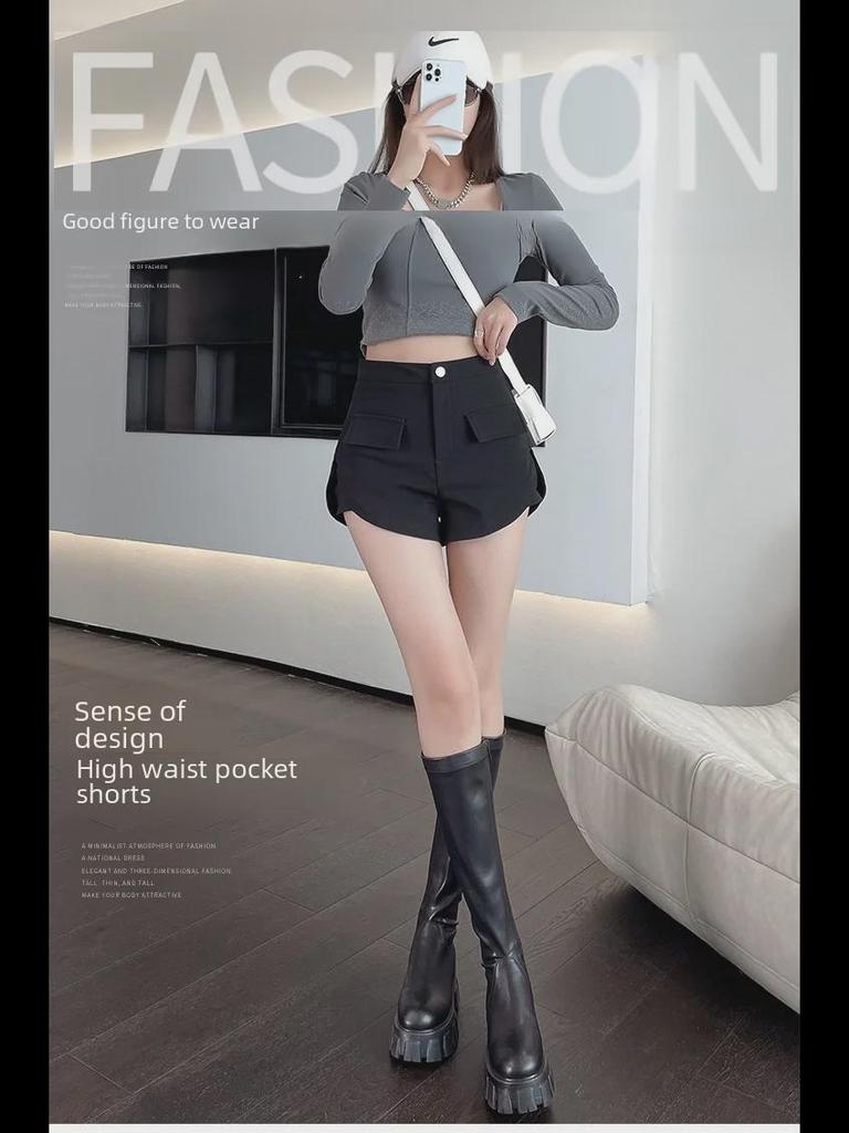 New High-Waist Wide-Leg A-Line Shorts for Petites - Casual, Black, All-Season.