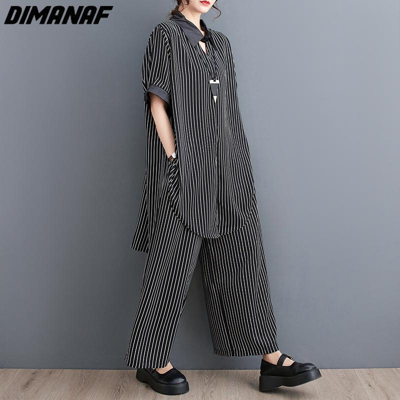 DIMANAF 2023 плюс размер комплект из двух предметов, женский шифоновый костюм в полоску с принтом Vinatge, топы и брюки, женский костюм, летний черный