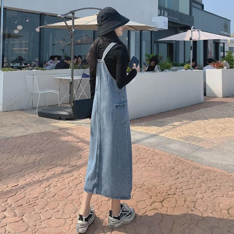 2024 Autumn/Winter Korean Retro Washed Denim Midi Skirt - Loose Fit Overalls for Women Students