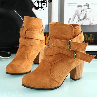 Осенняя женская обувь Ботинки Ботильоны Повседневные зимние замшевые туфли на высоком каблуке с пряжкой из флока с круглым носком Модные ботинки без застежек fgb67