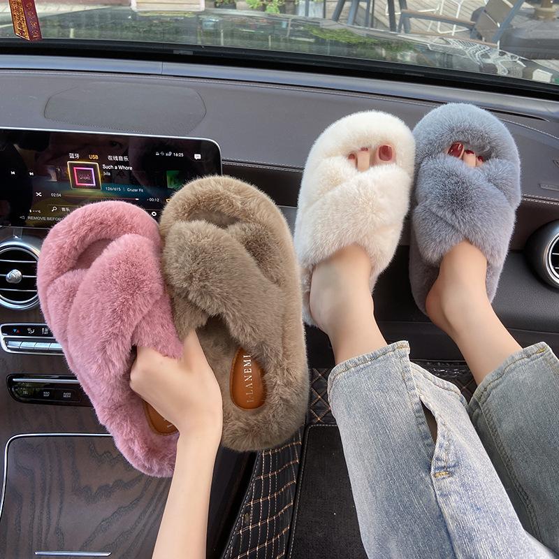 7Cm cross hairy slippers women's 2025 autumn and winter new thick-bottomed warm word lazy thickened cotton slippers women
