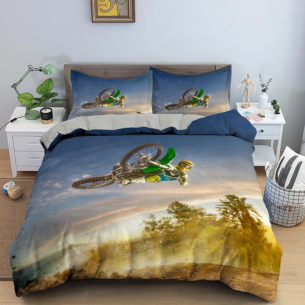 Motocross King Queen Bedding Set For Boys Adults Off-road Race Motorcycle Duvet Cover Dirt Bike Rider Polyester Comforter Cover
