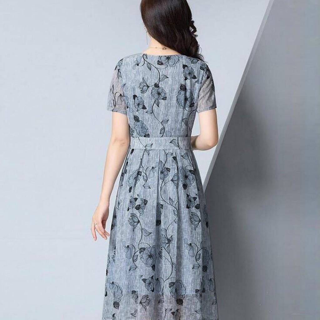 Модное женское повседневное платье трапециевидной формы с цветочным принтом и v-образным вырезом с короткими рукавами, длинное платье