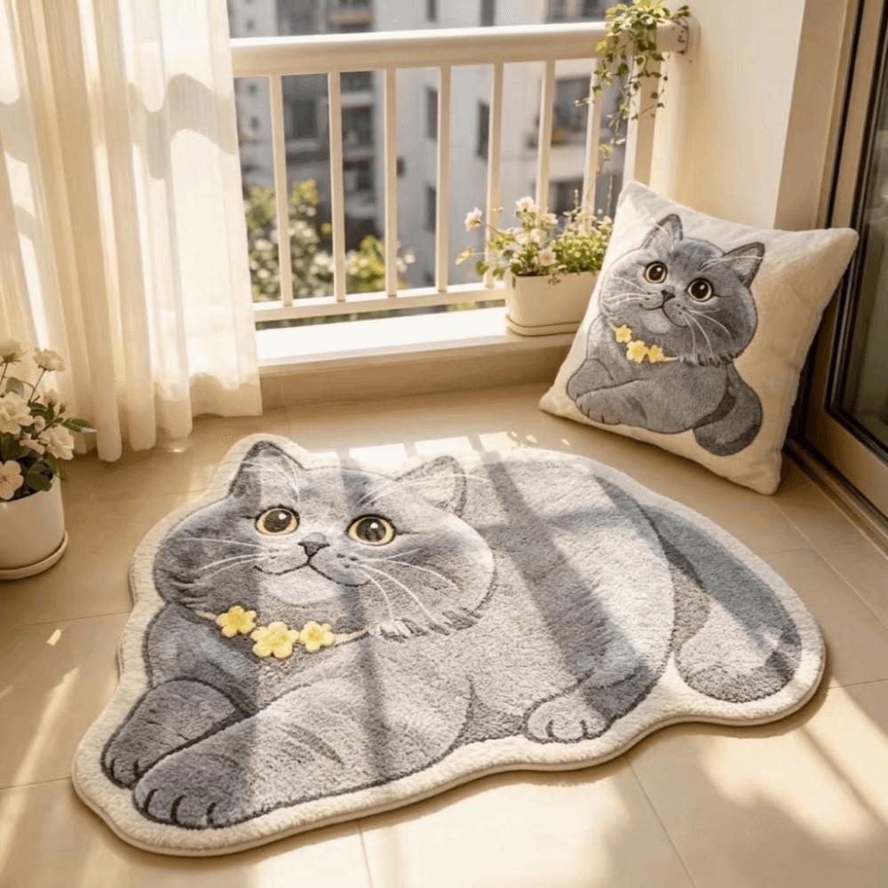 2D Printed Cat Shape Floor Mat Crystal Velvet Bedside Carpet Animal Area Rug Bathroom Floor