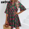 Женская мода лето весна цветочный принт с коротким рукавом V-образным вырезом с высокой талией повседневные платья