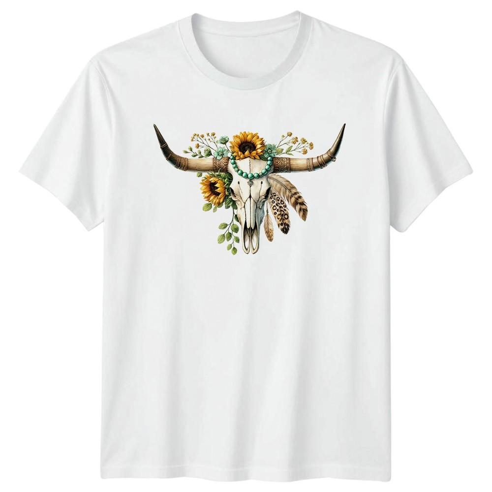 Bohemian Cow Skull Sunflowers Unisexs TShirt Floral Birthday Gift For Her