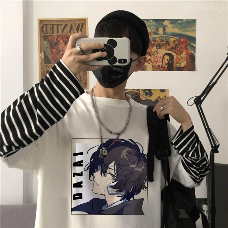 Футболка с аниме Bungou Stray Dogs Harajuku, крутая футболка с мангой Осаму Дадзай, хип-хоп, мужская футболка большого размера с длинными рукавами, летняя футболка в полоску