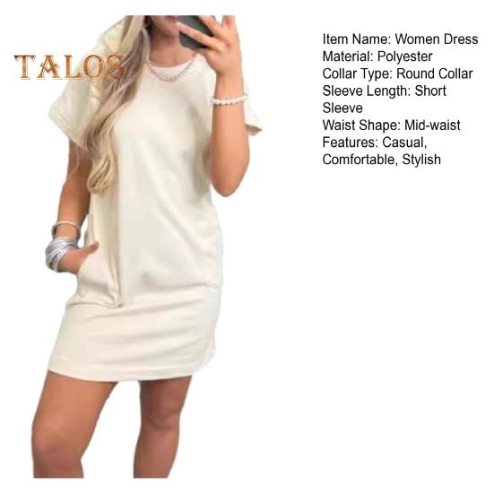 Женское платье-футболка с коротким рукавом, повседневное короткое платье с круглым вырезом и карманами, летнее мини-платье-футболка