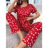 Women Pajamas Set Summer Allover Heart Prints Short Sleeve V Neck Top Elastic Pants Women's Sleepwear Loungewear
