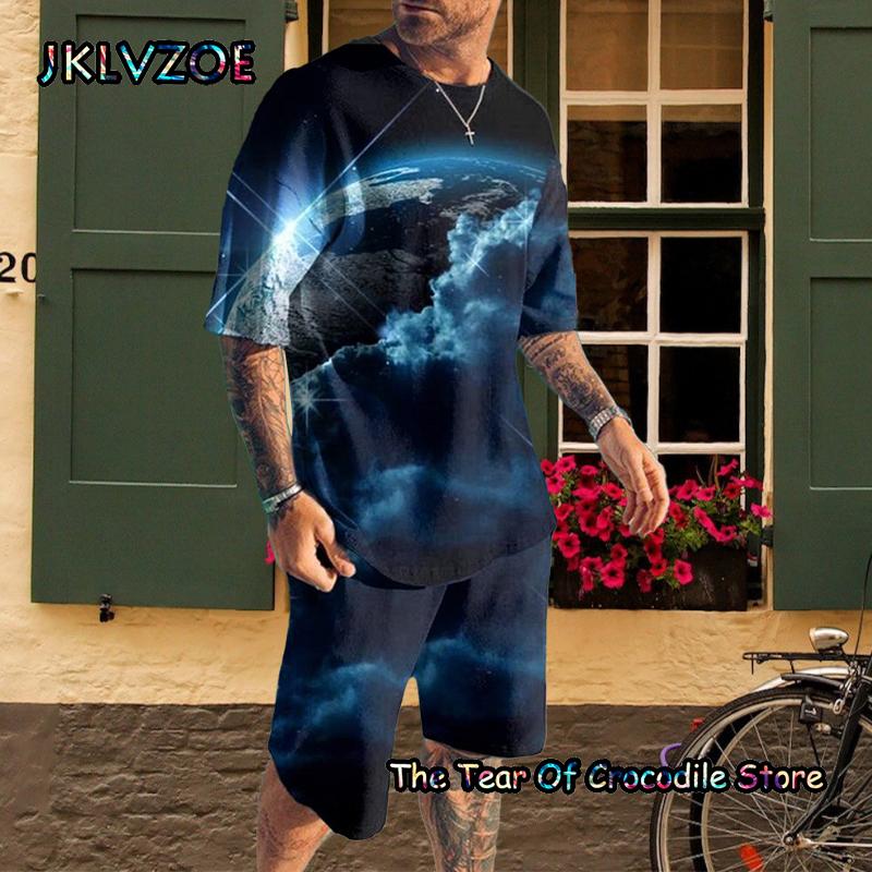 Новые модные летние мужские комплекты для бега, футболка с короткими рукавами, шорты, мужской спортивный костюм, толстовка с 3D принтом и забавным лицом, одежда