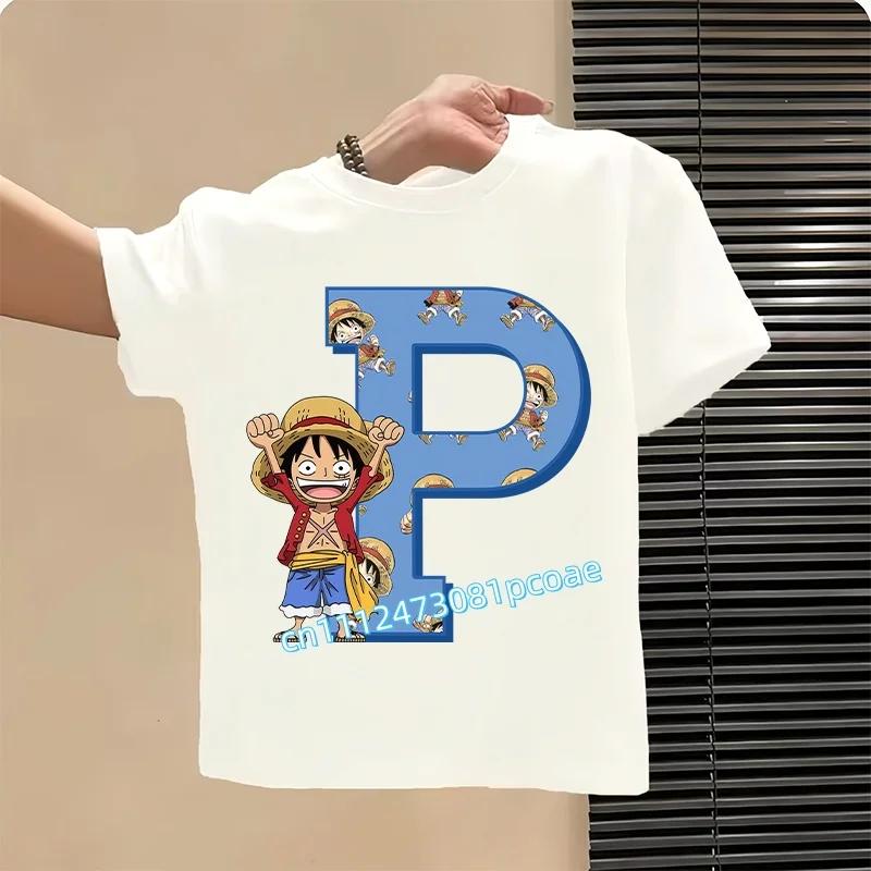 One Piece letter AZ childrens pure cotton shortsleeved boys sports shirtgirls casual top with cartoon printsummer Tshirt