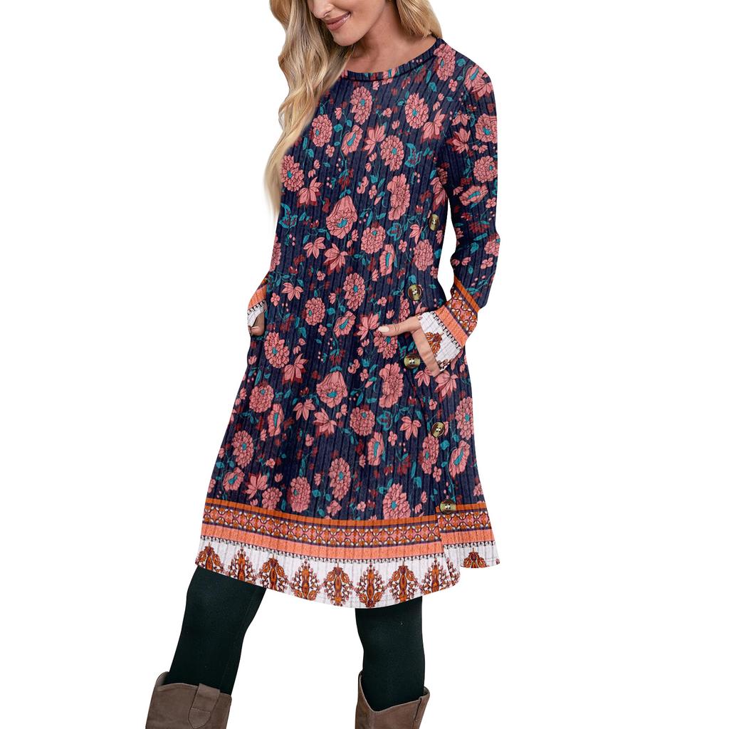 Женское модное повседневное платье-туника с длинным рукавом и карманами, платье с боковыми пуговицами