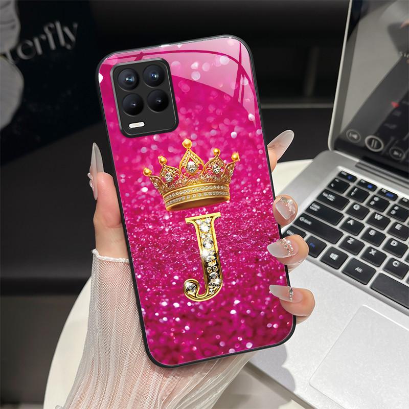For Realme 8 Case Fashion Letters Hard Tempered Glass Back Cover For Realme 8 Pro 8i Realme8 4G RMX3085 Phone Case Luxury Coque