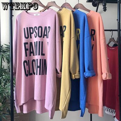 Весенне-осенний свитер, большие женские свободные толстовки средней длины, утолщенная футболка с длинными рукавами и буквами