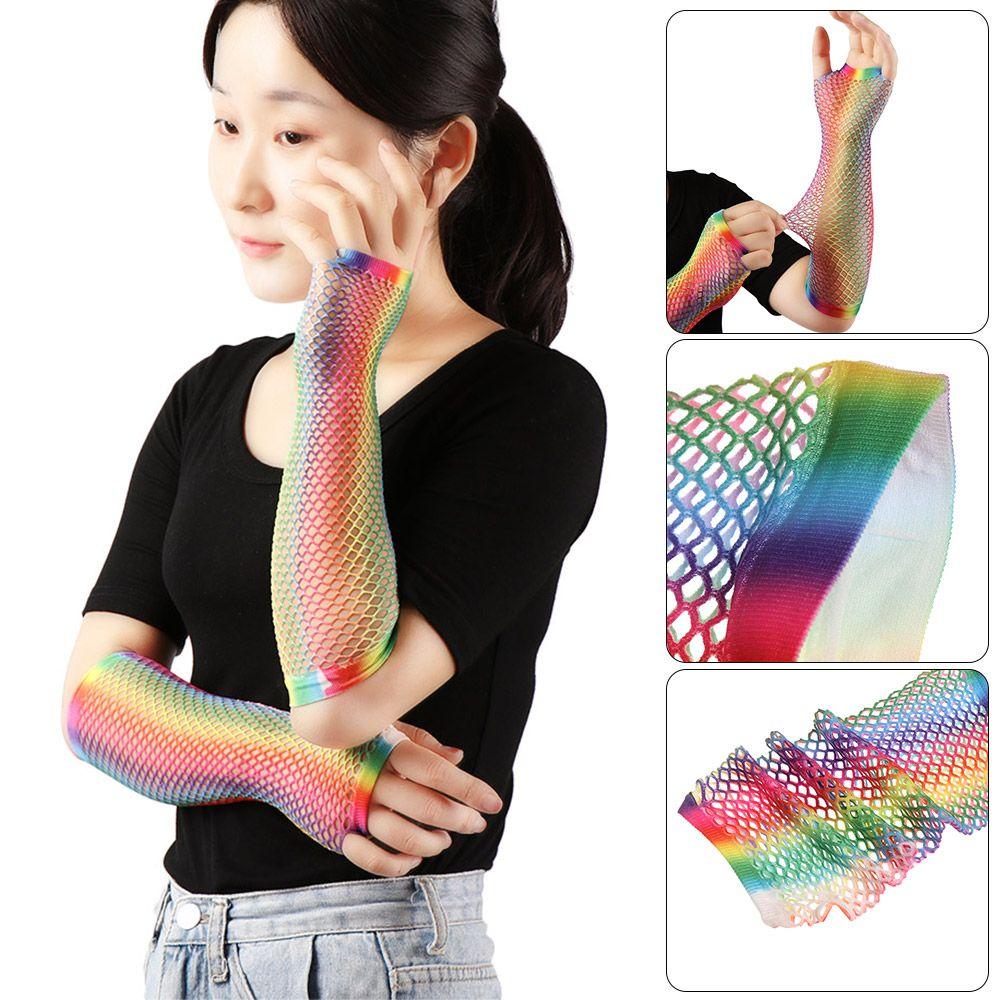Shiny Wedding Party Colorful Fingerless Mesh Net Hollow Out Holes Gloves Rainbow Disco Dance
