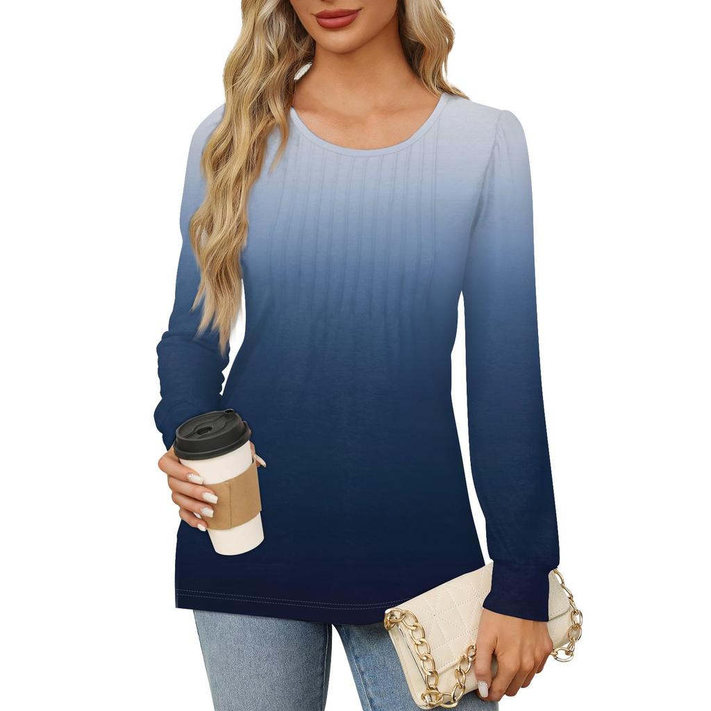 Женская повседневная плиссированная футболка с круглым вырезом и длинными рукавами с градиентным принтом