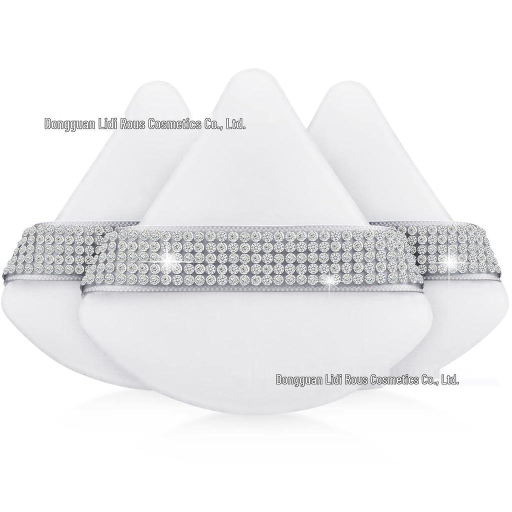 Crystal Velvet White Triangle Powder Puff with Silver Diamond Ribbon – Super Soft Makeup Accessory