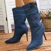 Европейские и американские рыцарские сапоги с перекрестным каблуком, женские 2024, новые длинные сапоги из денима в стиле вестерн, женские сапоги с острым носком, Zapatos De Mujer