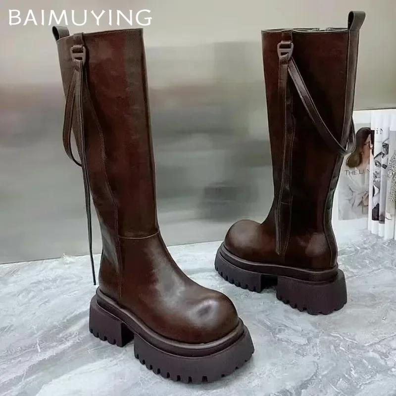 Женские высокие сапоги на платформе, массивные высокие каблуки, кожаные туфли, женская зимняя мода 2024 года, готические мотоциклетные ботинки, зимние челси, Botas Mujer