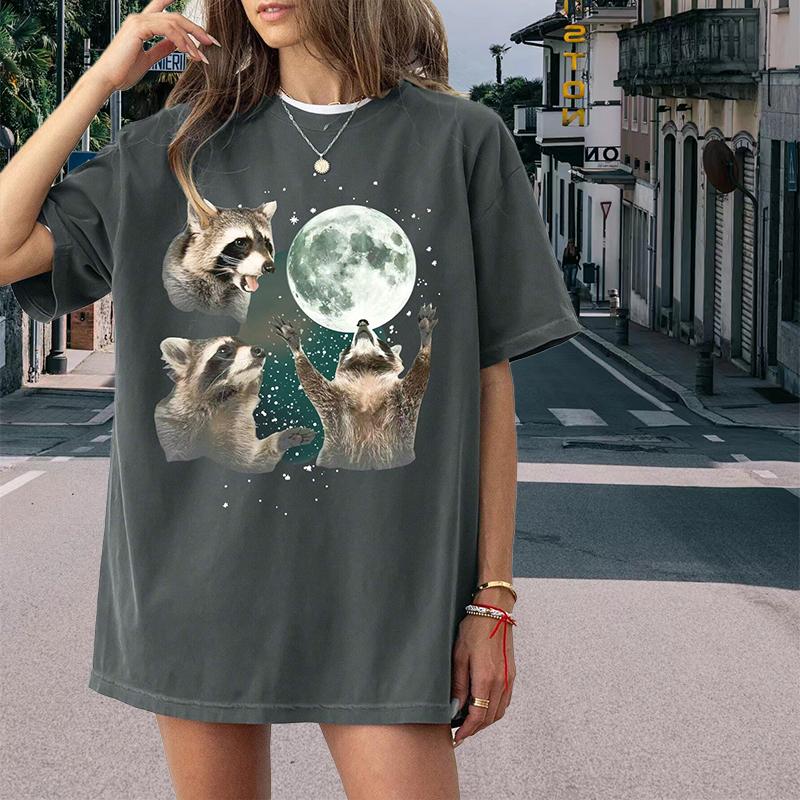 Модная женская футболка с милым принтом в виде енота и луны, забавная повседневная футболка с круглым вырезом и короткими рукавами, летняя женская футболка