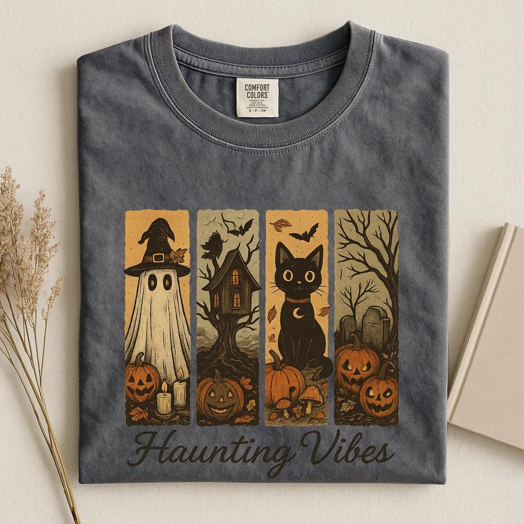 Ghost Cat Comfort Colors T-Shirt, Halloween Spooky Season Tee