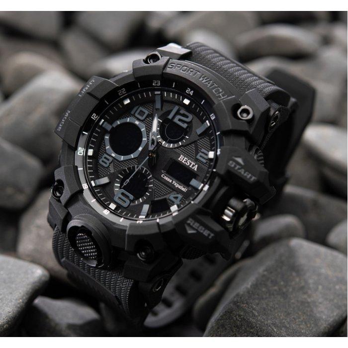 Мужские спортивные тактические часы Besta Power Black с секундомером и будильником