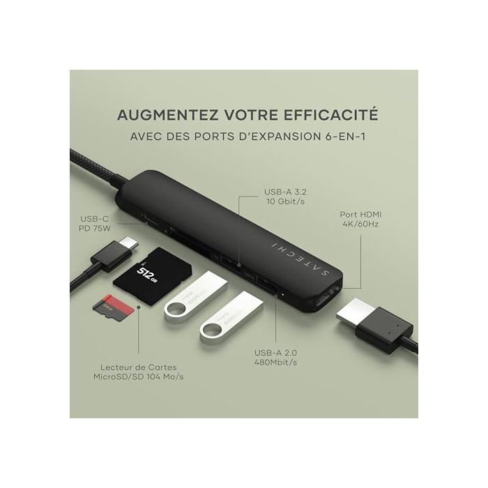 Hub USB-C Multiport 6-en-1 - SATECHI - Noir - 4K HDMI - 10Gbps - Power Delivery 100W