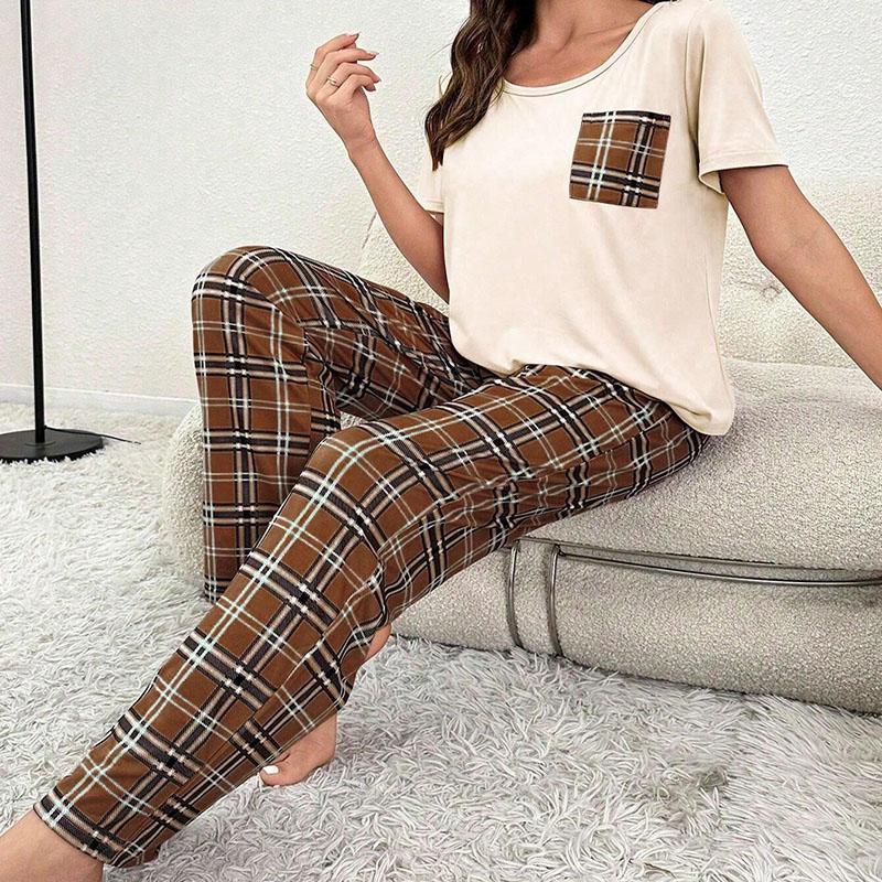 Пижамный комплект с круглым вырезом, длинным рукавом и бантом, коротким рукавом, разноцветный комплект для студентов, домашняя одежда из двух частей, длинные брюки в клетку