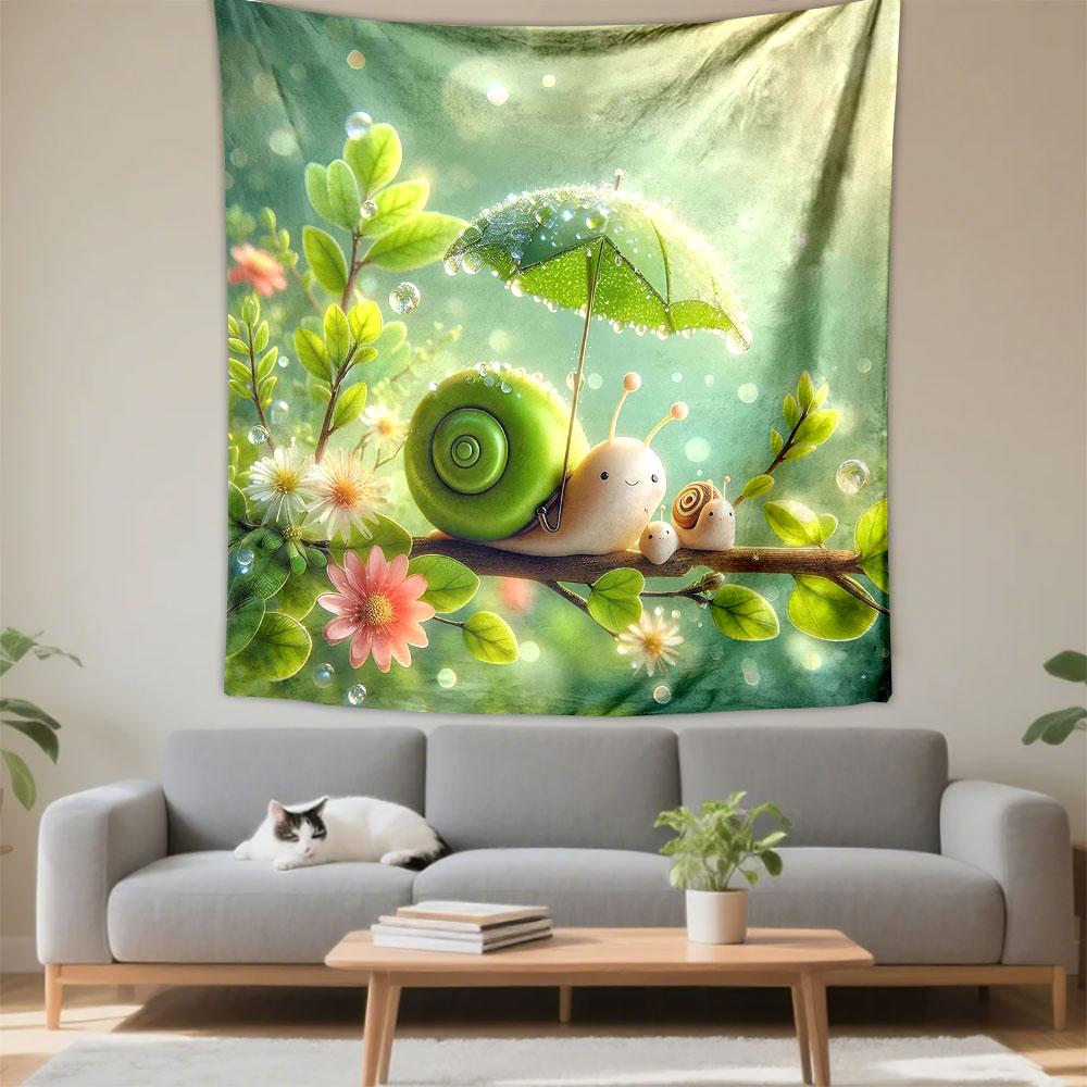 "Snail Family with Green Umbrella" Patterned Tapestry Decorative Wall Hanging, Home Bedroom Living Room Decor