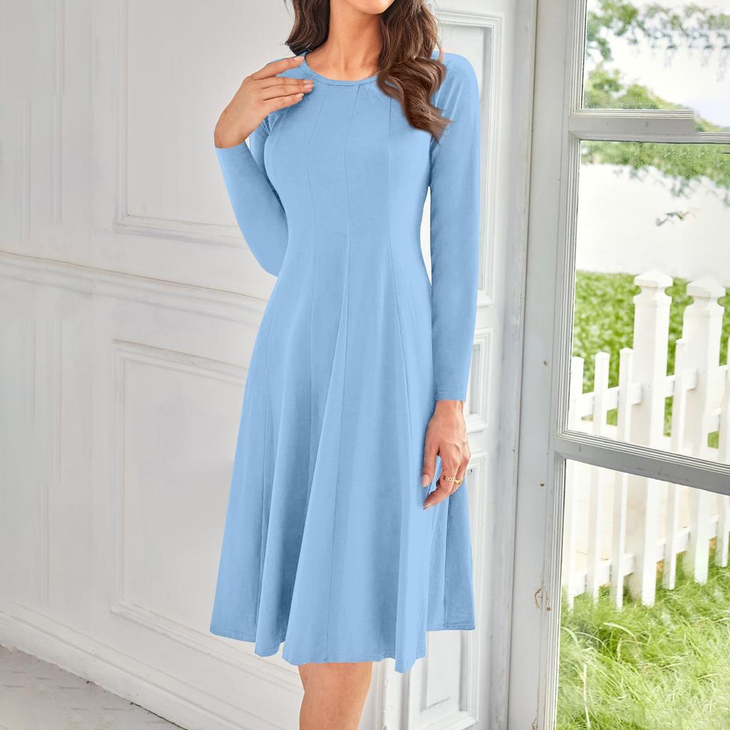 Женское повседневное модное платье миди с круглым вырезом и длинным рукавом