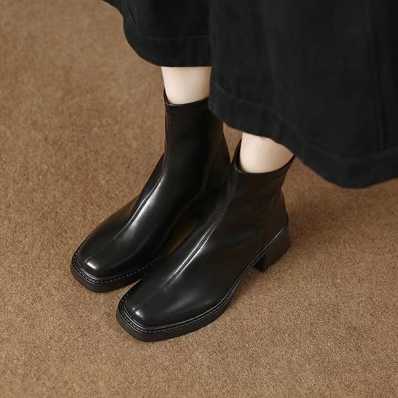Новые стильные модные женские кожаные туфли модные квадратные носки короткие сапоги для женщин толстые каблуки сапоги высокие каблуки Zapatos Mujer