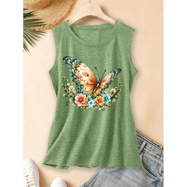 2026 Vintage Watercolor Pastoral Floral Green Butterfly Print Women Sleeveless Vest Round Neck Daily Commute Spring Summer Autumn Tank Top