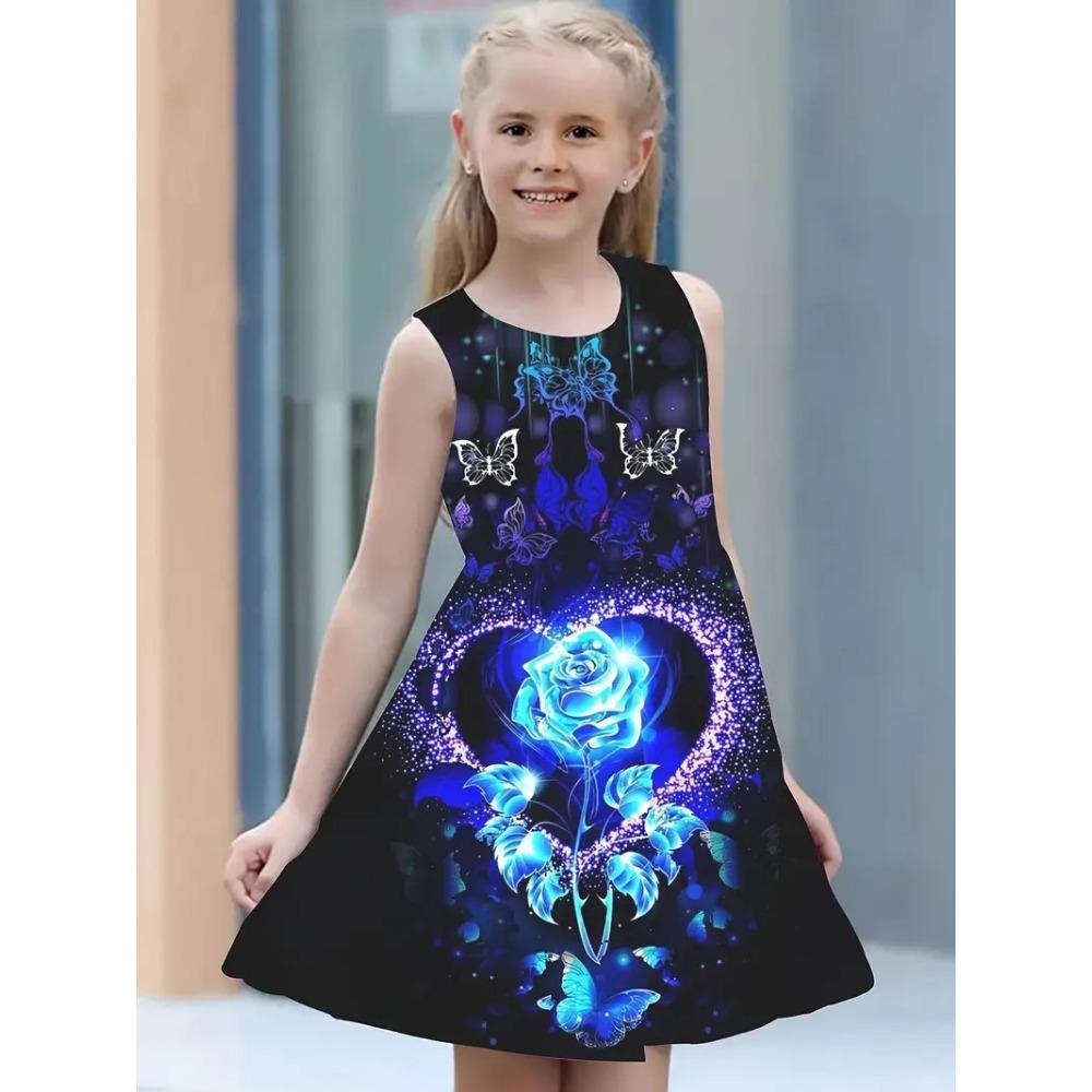 Fashion Girls Dresses Summer New Round Neck Vest Style 3D Printing Princess Skirt