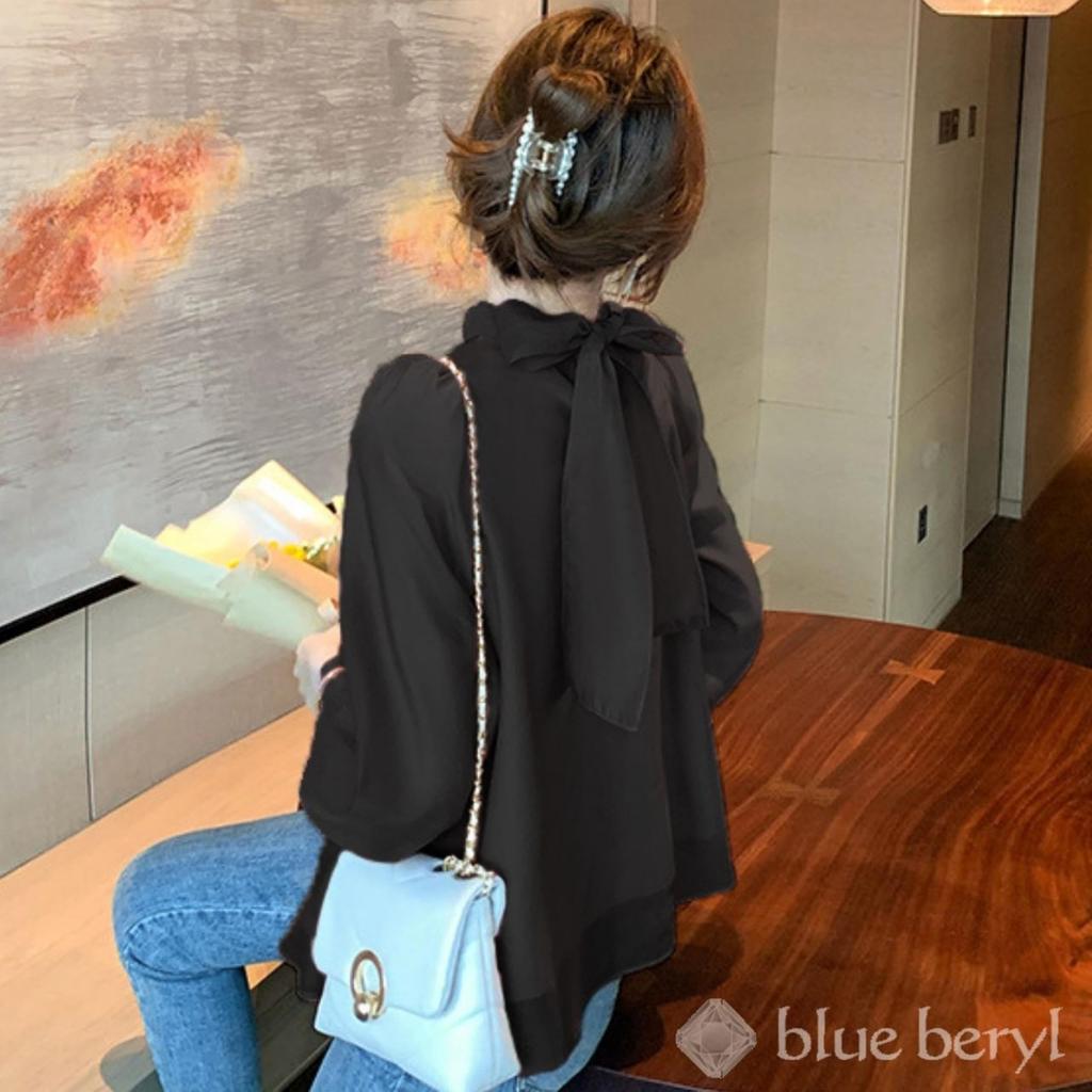 Блузка из шифона цвета голубого берилла с пышной кокеткой на спине и черной женской лентой, рукавами, воротником-стойкой, пуговицами, манжетами, (BB025-BK-S)