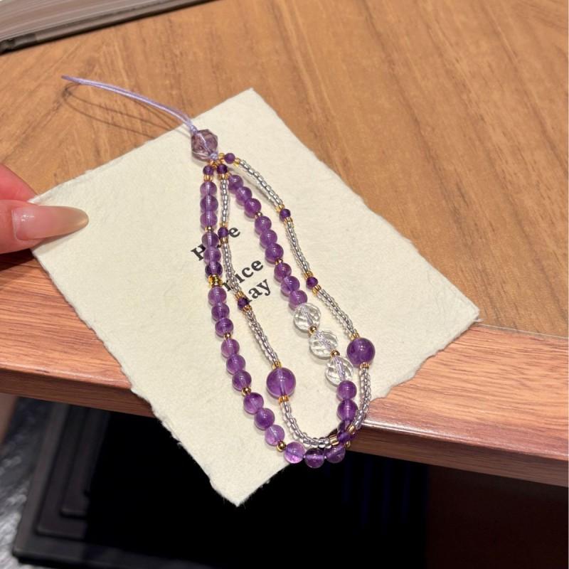 Handmade Purple Amethyst Crystal Keychain Bag Charm Women Fashion Accessory 6mm Round Beads