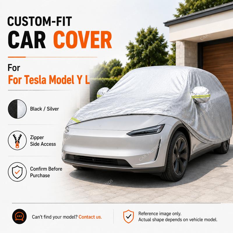 For Tesla Model Y L Fit Full Car Cover Silver-Coated Oxford Fabric Side Zipper Access Heat Reflective UV Protection