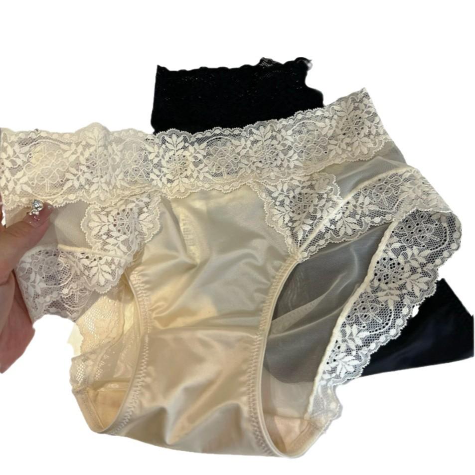 Высококачественные французские атласные кружевные трусики кремового цвета со средней посадкой для женщин - однотонные, промежность из чистого хлопка