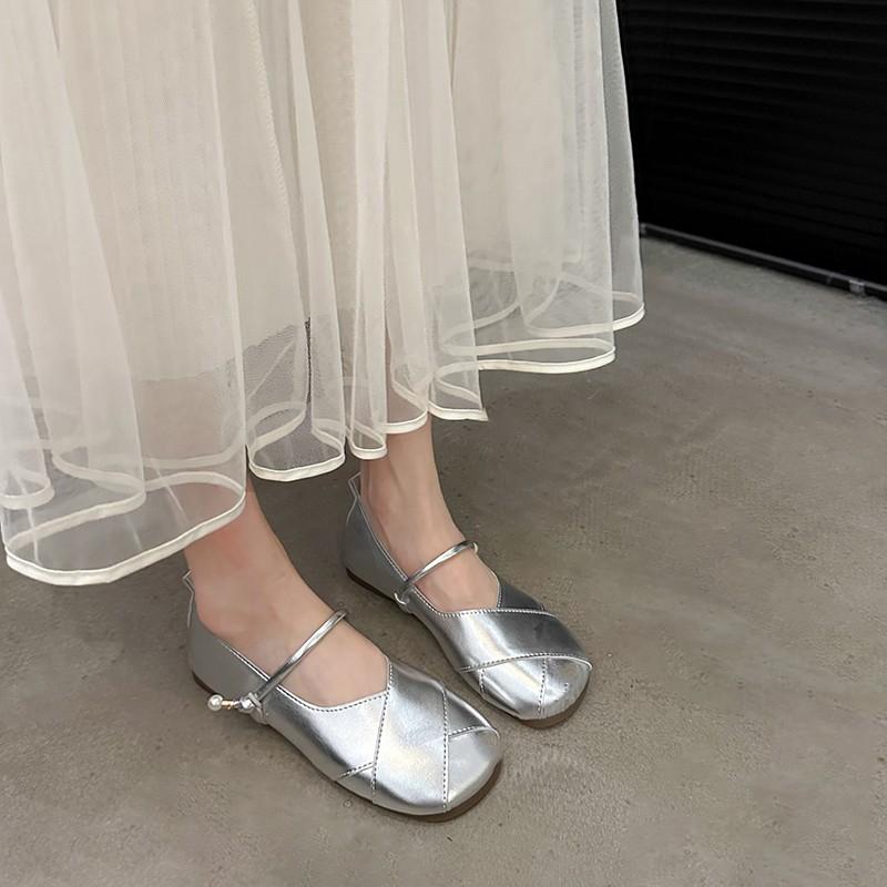 2024 Высокое Качество Женская Обувь Модная Квадратный Носок Мелкий Вырез Однотонная Однолинейный Ремешок с Пряжкой Глянцевые Женские Балетки