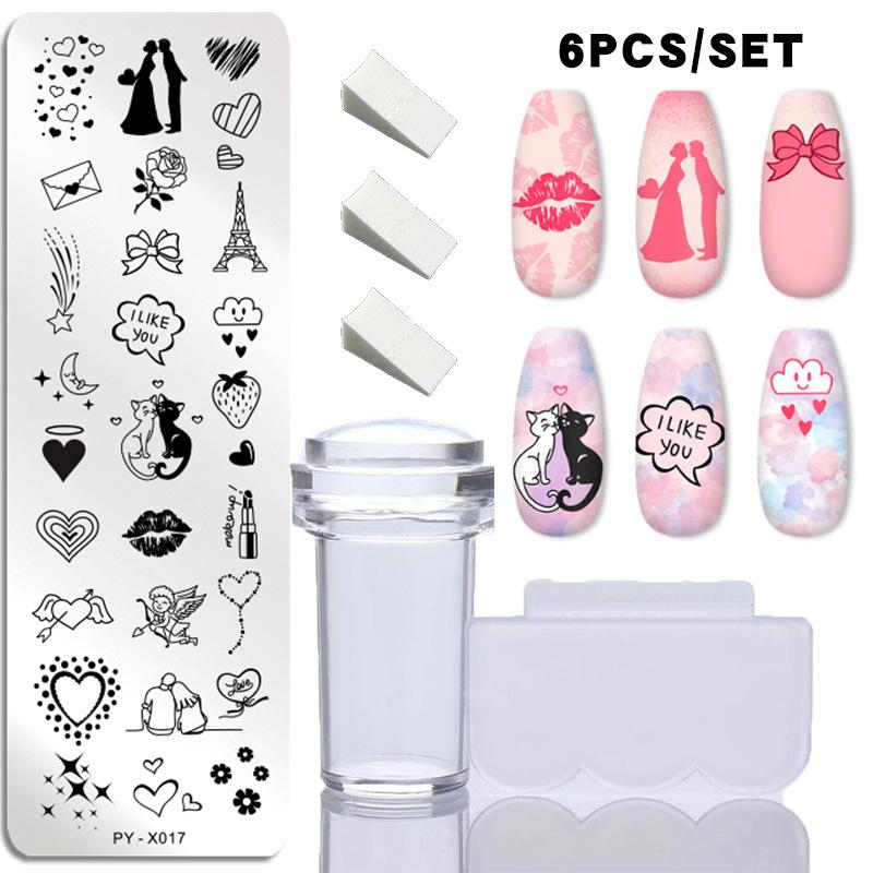 6 шт./компл. набор пластин для штамповки ногтей, силиконовая губка, кисть, штамп, трафареты для переноса лака