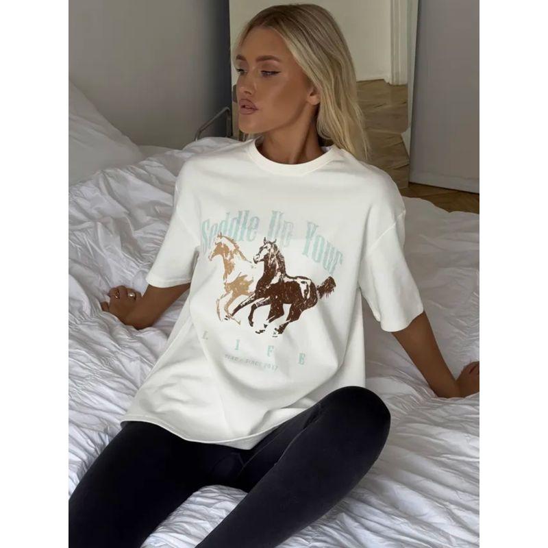 New Fashion T-shirt Fashion New Fashion Casual Loose Round Neck Print Letter Cotton T-shirt Top