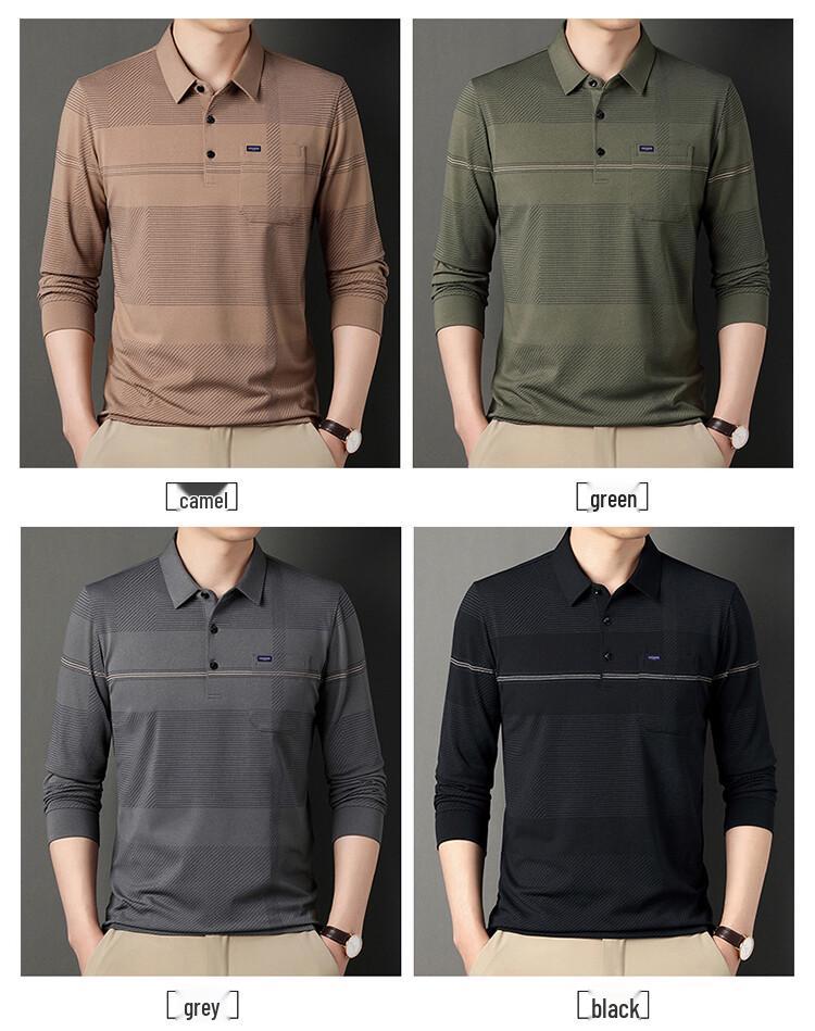 Мужское поло из хлопка в полоску на осень - С длинным рукавом, отложным воротником, дышащее, повседневная деловая рубашка