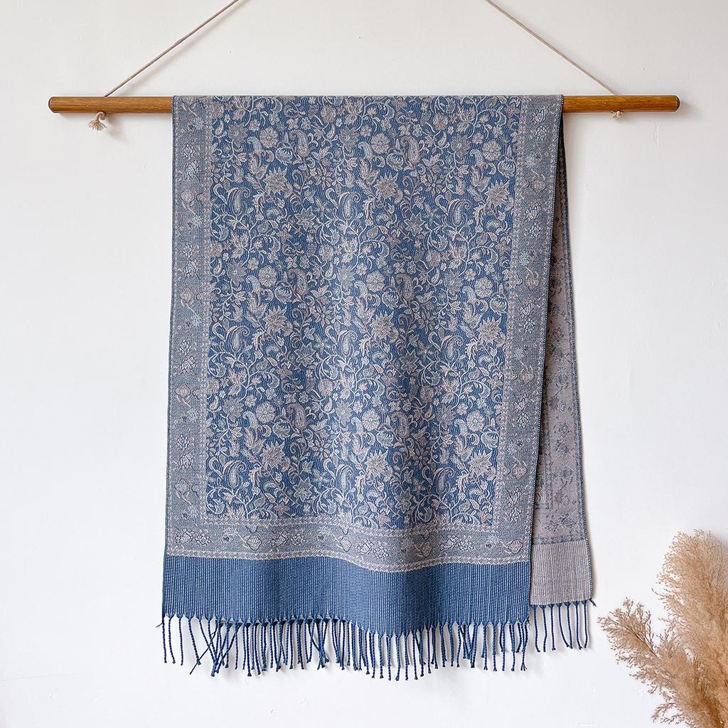 Versatile Retro Flower Pattern Hong Kong Style Imitation Cashmere Women's Warm Scarf Fashion Long Beard Fringed Shawl