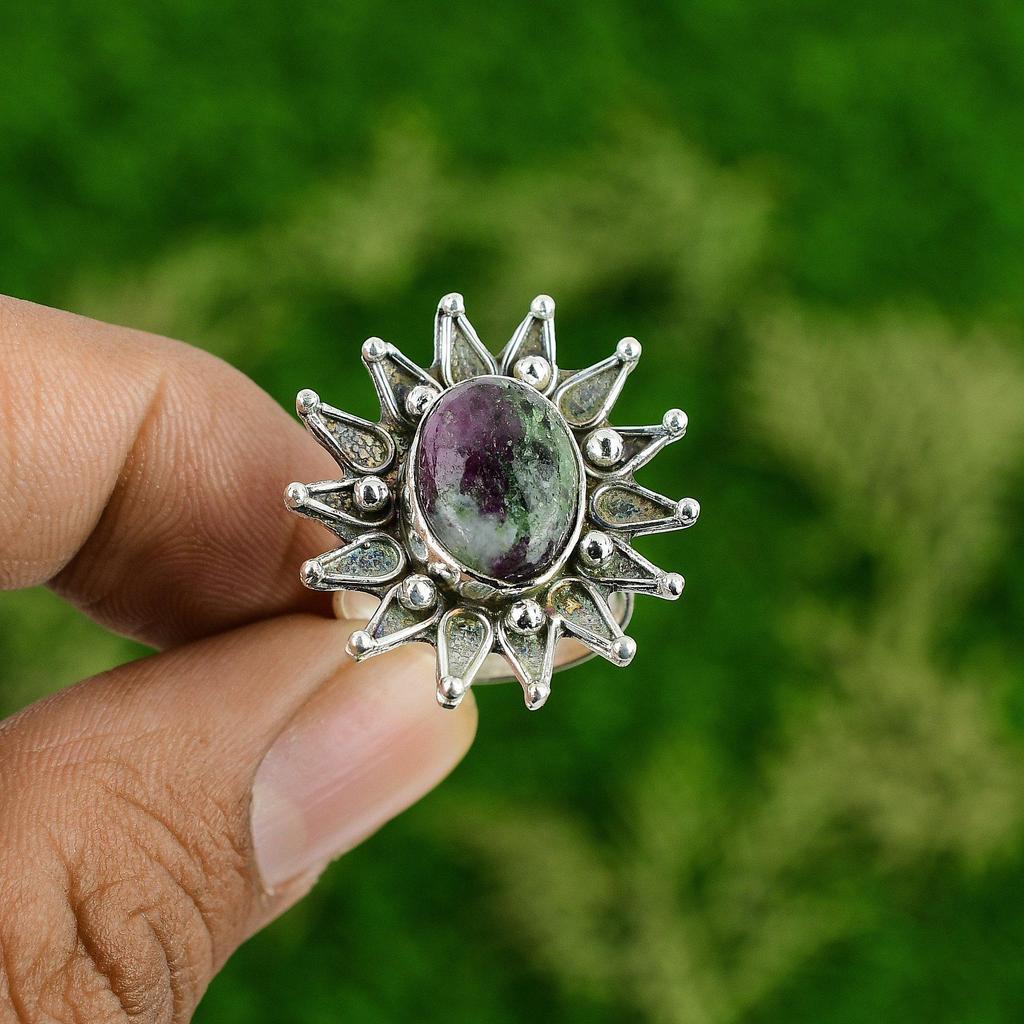 Oval Natural Ruby Zoisite Anniversary Flower Wife Stackable Ring Sterling Silver