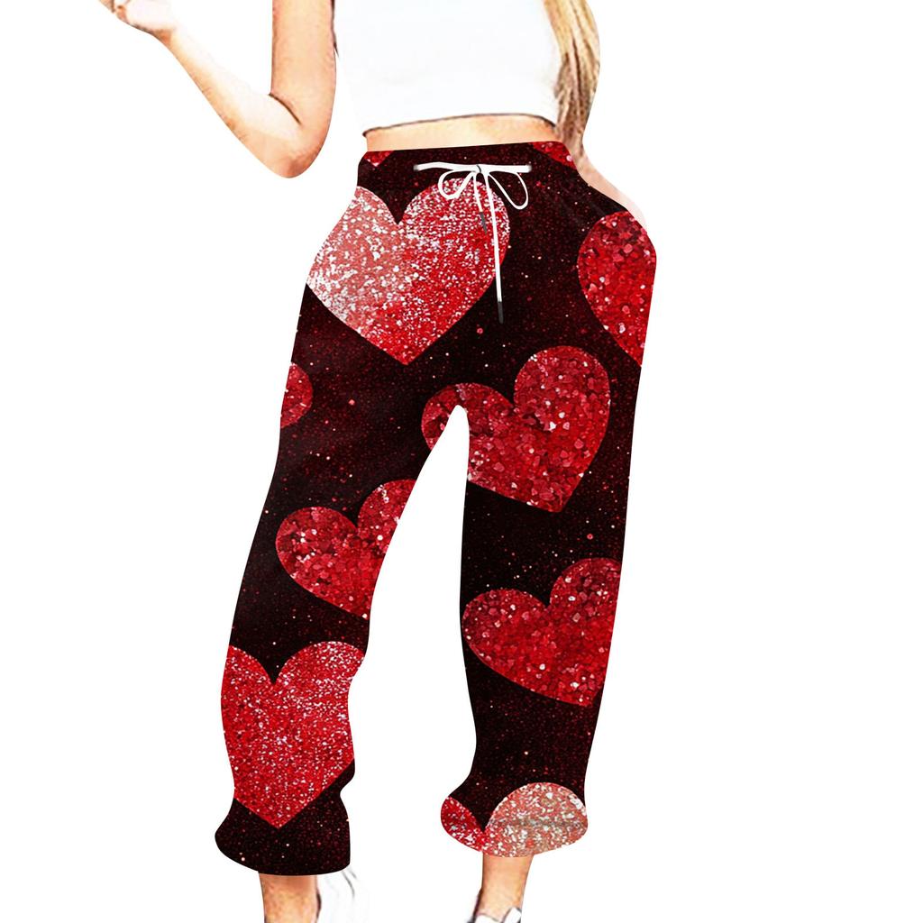 Женская повседневная мода День святого Валентина Повседневные брюки с принтом Спортивные брюки Брюки с эластичной резинкой на талии со шнурком Брюки со шнурком